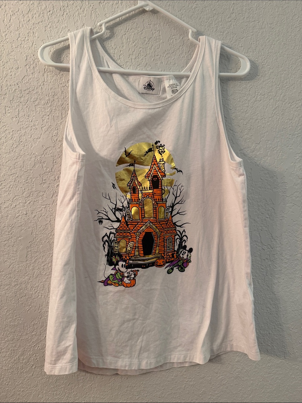 Disney White Tank Top with Halloween Haunted House and Mickey Graphic